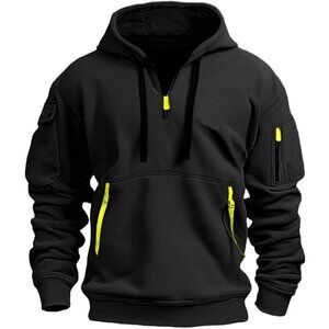 Men Black Fleece Sweatshirts Lightweight Stitching Color Zipper Fashion Hoodies
